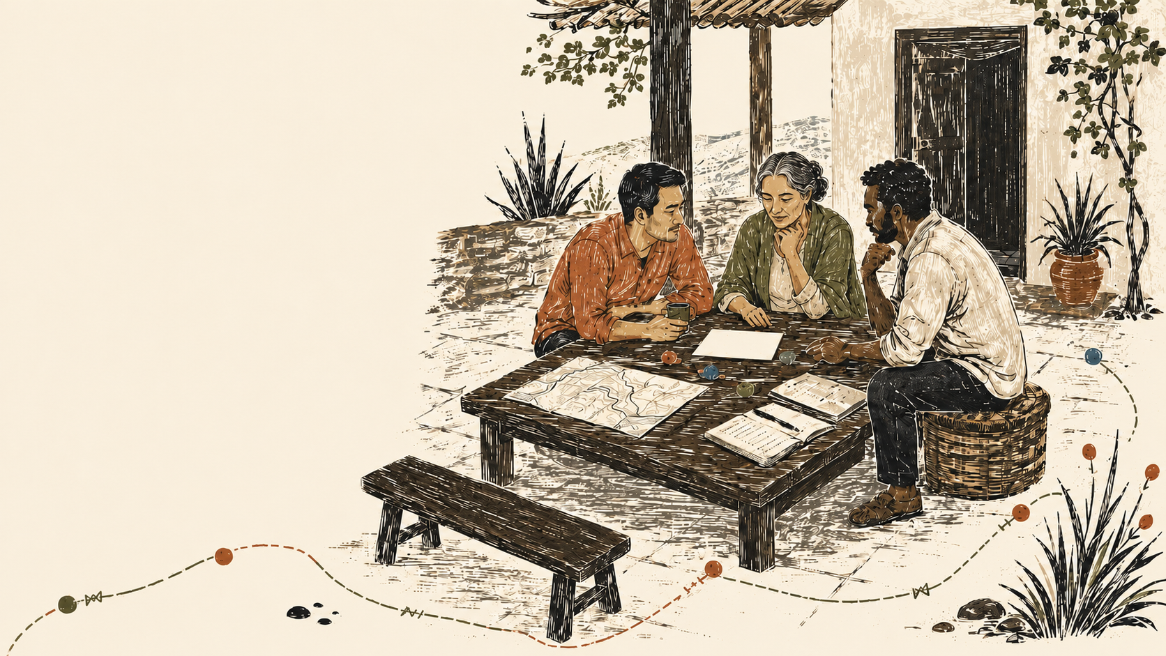 Block-print illustration of three people seated around a wooden table outdoors, reviewing papers and notes together — a scene of deliberate, shared decision-making.