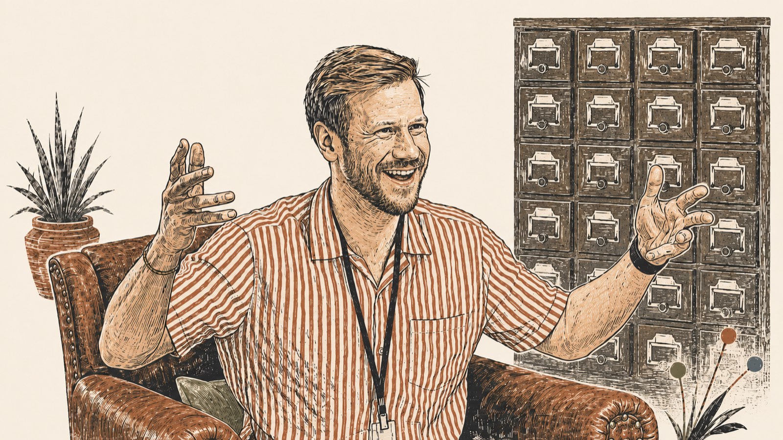 Block-print portrait of Nate Kerr gesturing while talking, seated beside a wall of card-catalog drawers.
