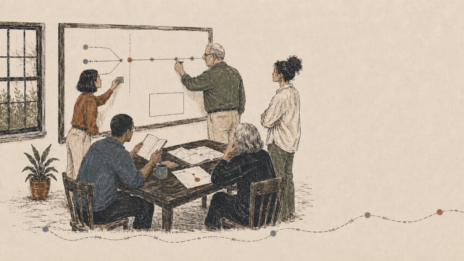 Block-print illustration of a small group in a working session — one person diagramming a decision at a whiteboard while others review papers around a table.